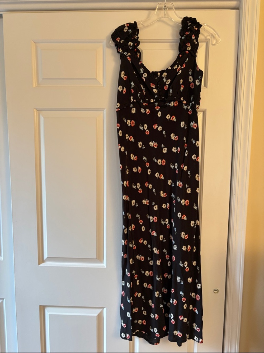 GAP Black Floral Midi Dress with Ruffle Straps